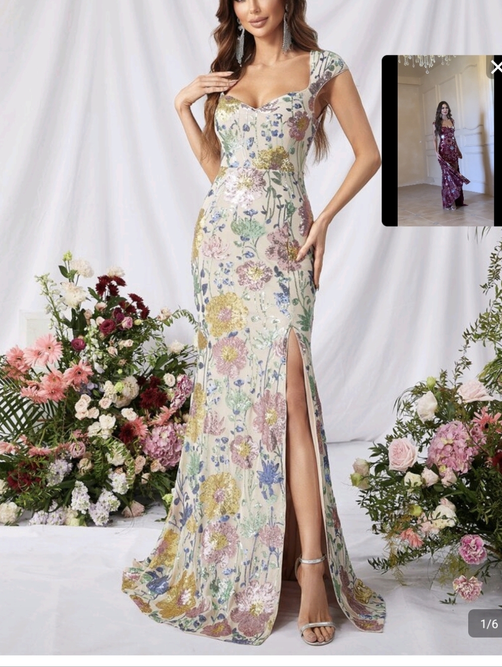 Floral Sequin Sweetheart Maxi Dress in Ivory